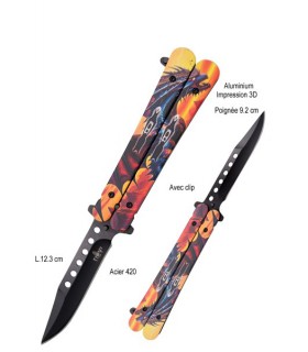 COUTEAU PAPILLON ALU DRAGON ACIER 420 9.2CM