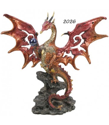DRAGON ROUGE+BOULE VERRE H.20CM