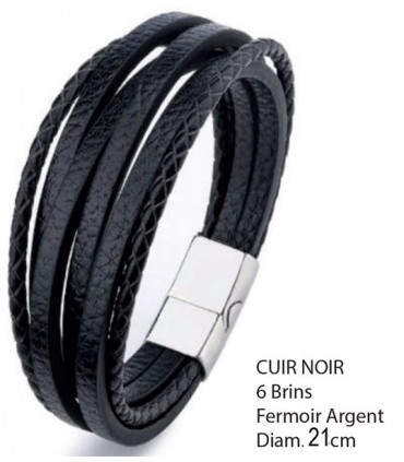 BRACELET CUIR NOIR 6 BRINS D.21CM C2